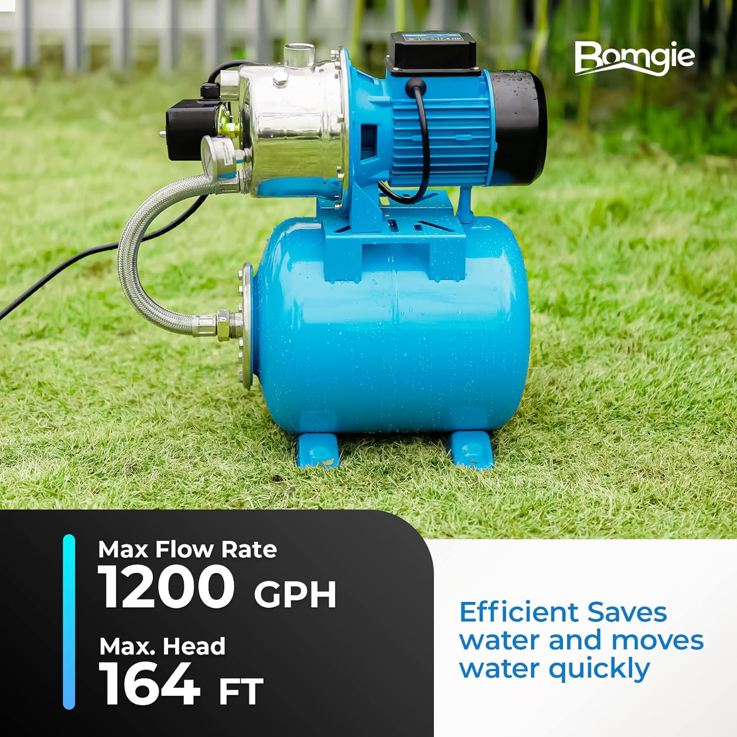 BOMGIE 1.5HP Shallow Well Pump with NSF Certification Pressure Tank for Drinking Water Safety,1200GPH Stainless Steel Irrigation Jet Water Transfer Pumps Automatic Booster Sprinkler System