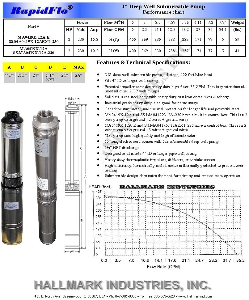 Hallmark Industries MA0419X-12A, Deep Well Submersible Pump, 2HP, 230V 60HZ, 33 Gpm, Stainless Steel, for 4 or bigger well
