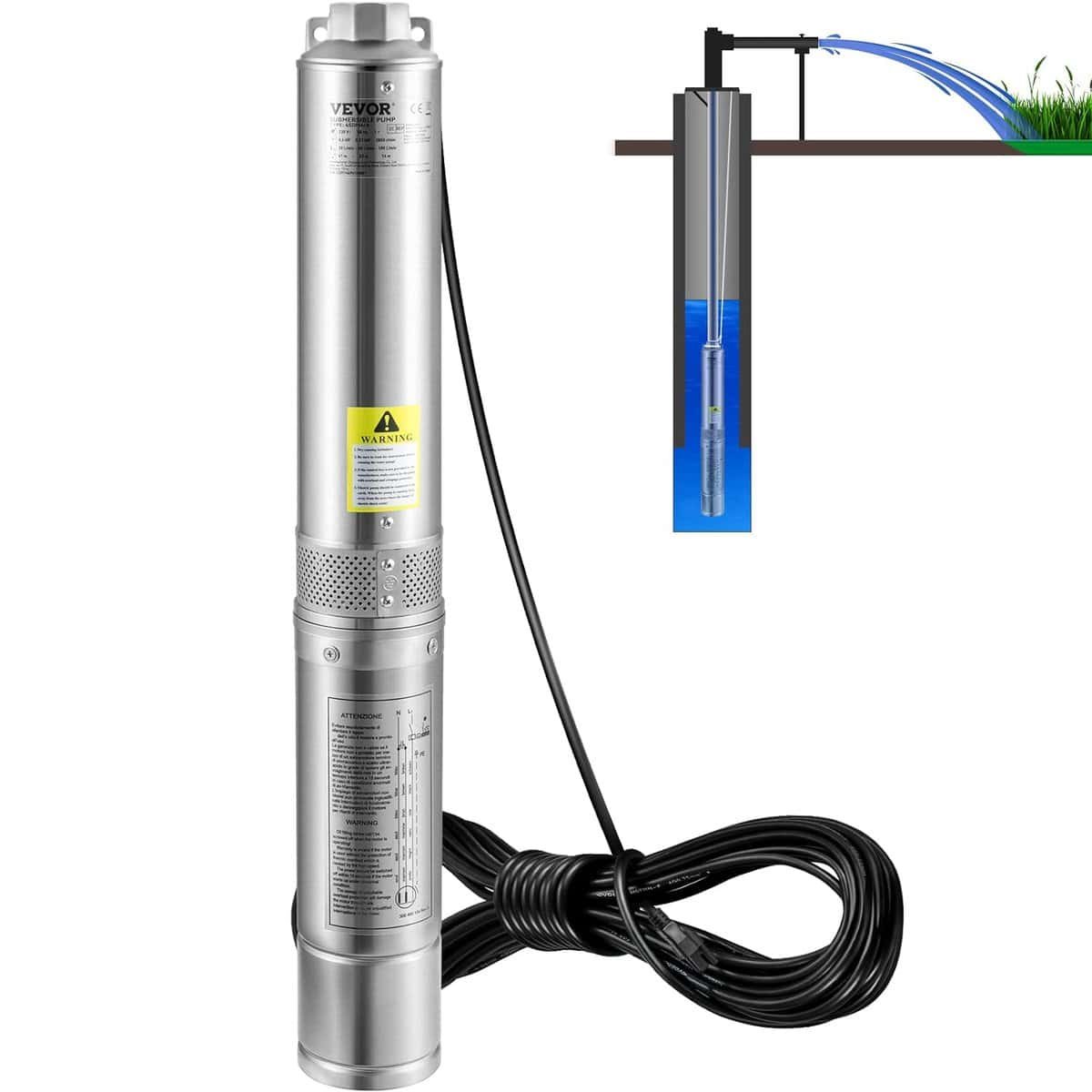 VEVOR Deep Well Submersible Pump, 1HP 115V/60Hz, 37gpm Flow 207ft Head, with 33ft Electric Cord, 4 Stainless Steel Water Pump for Industrial, IrrigationHome Use, IP68 Waterproof Grade