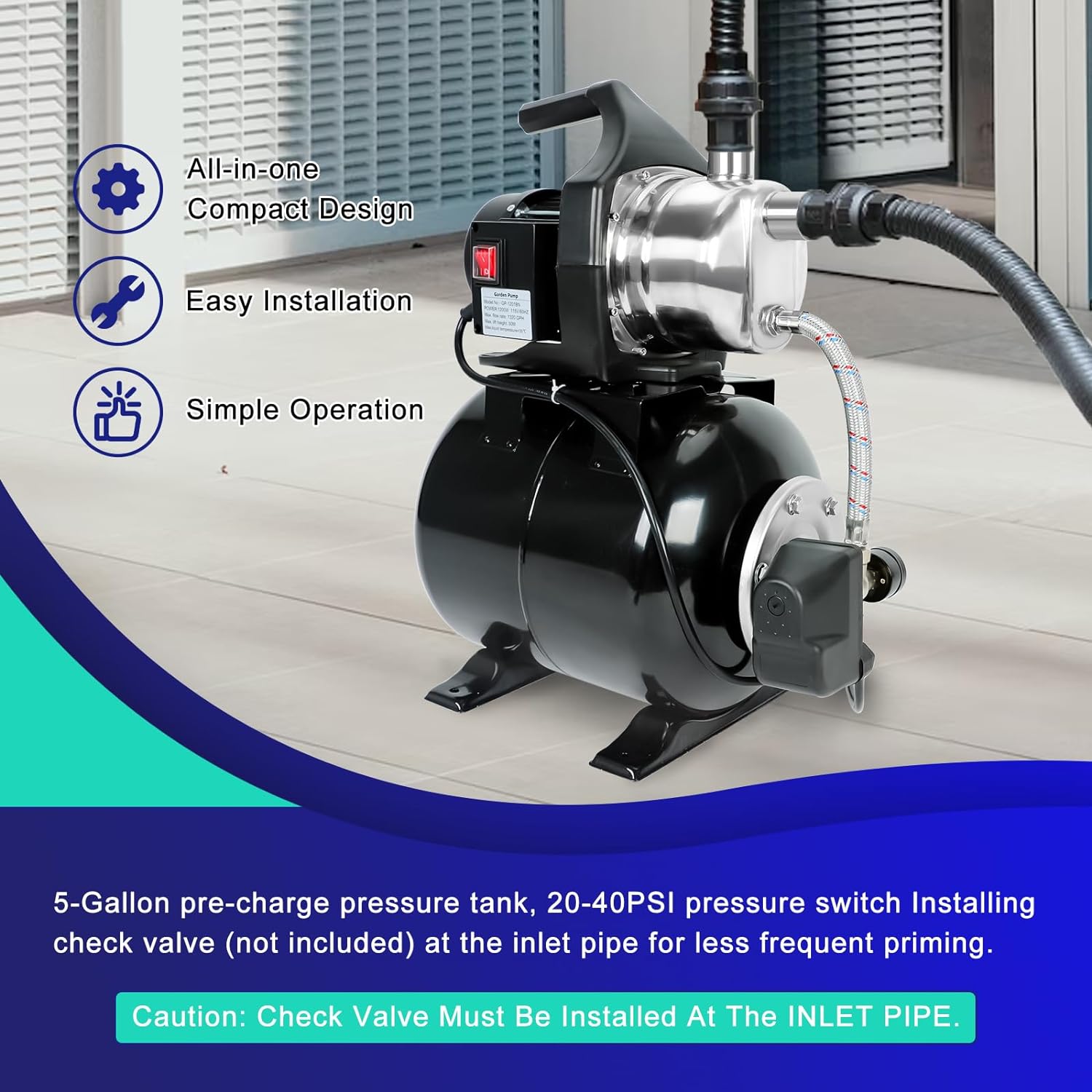 1.6HP 1320GPH 115V Shallow Well Pump with Pressure Tank, Stainless Steel Automatic Water Booster Irrigation Jet Pump for Home Garden Lawn