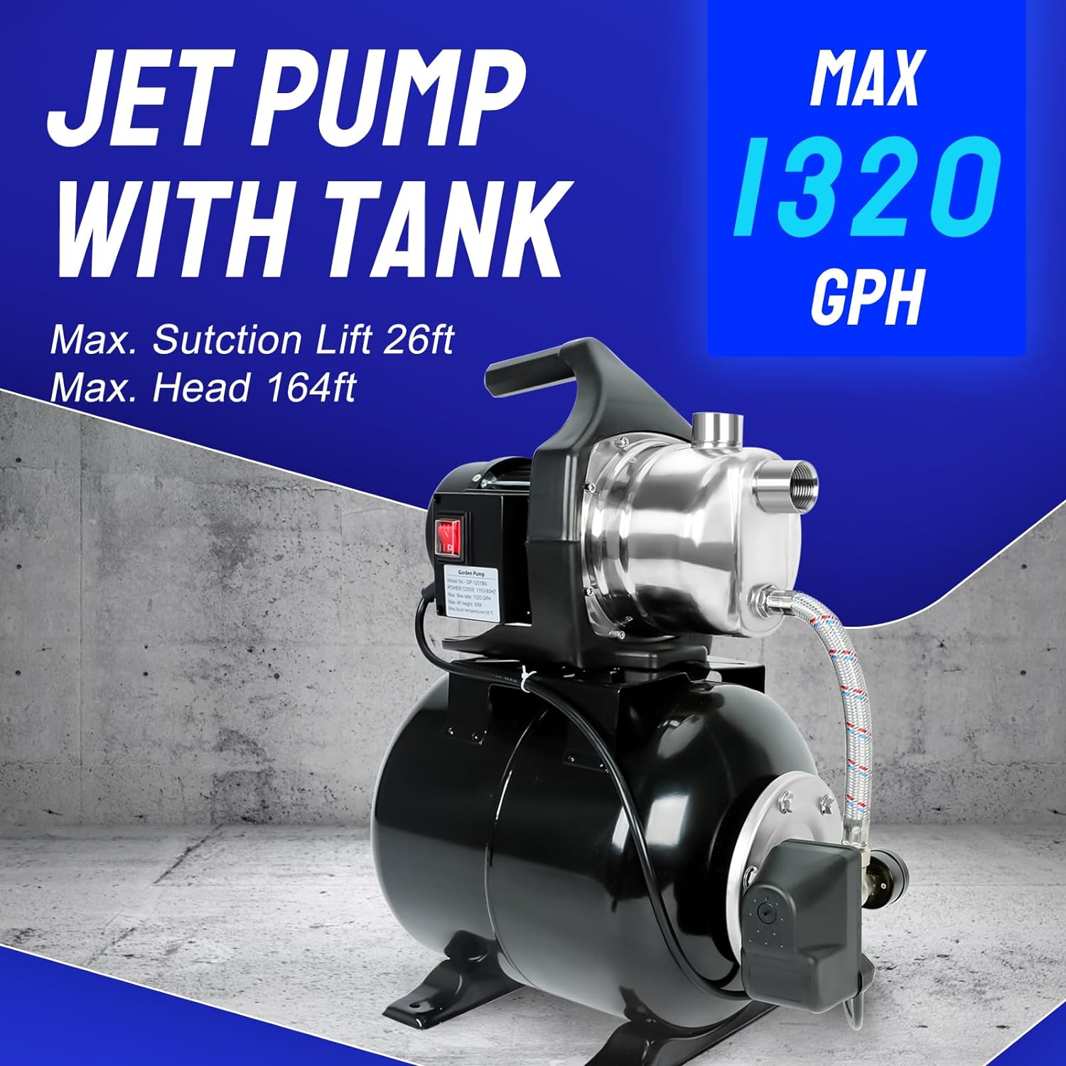 1.6HP 1320GPH 115V Shallow Well Pump with Pressure Tank, Stainless Steel Automatic Water Booster Irrigation Jet Pump for Home Garden Lawn