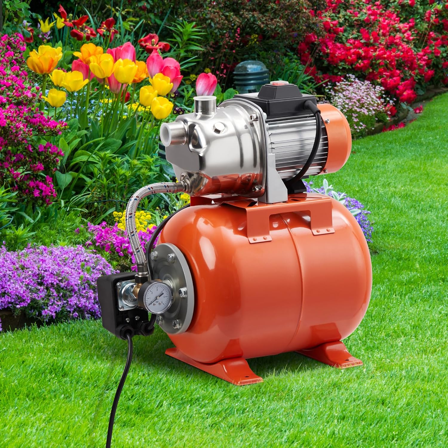1HP Shallow Well Pump with Pressure Tank, Stainless Steel, 115V Irrigation Pump, Automatic Water Booster Jet Pump for Home, Garden, Lawn