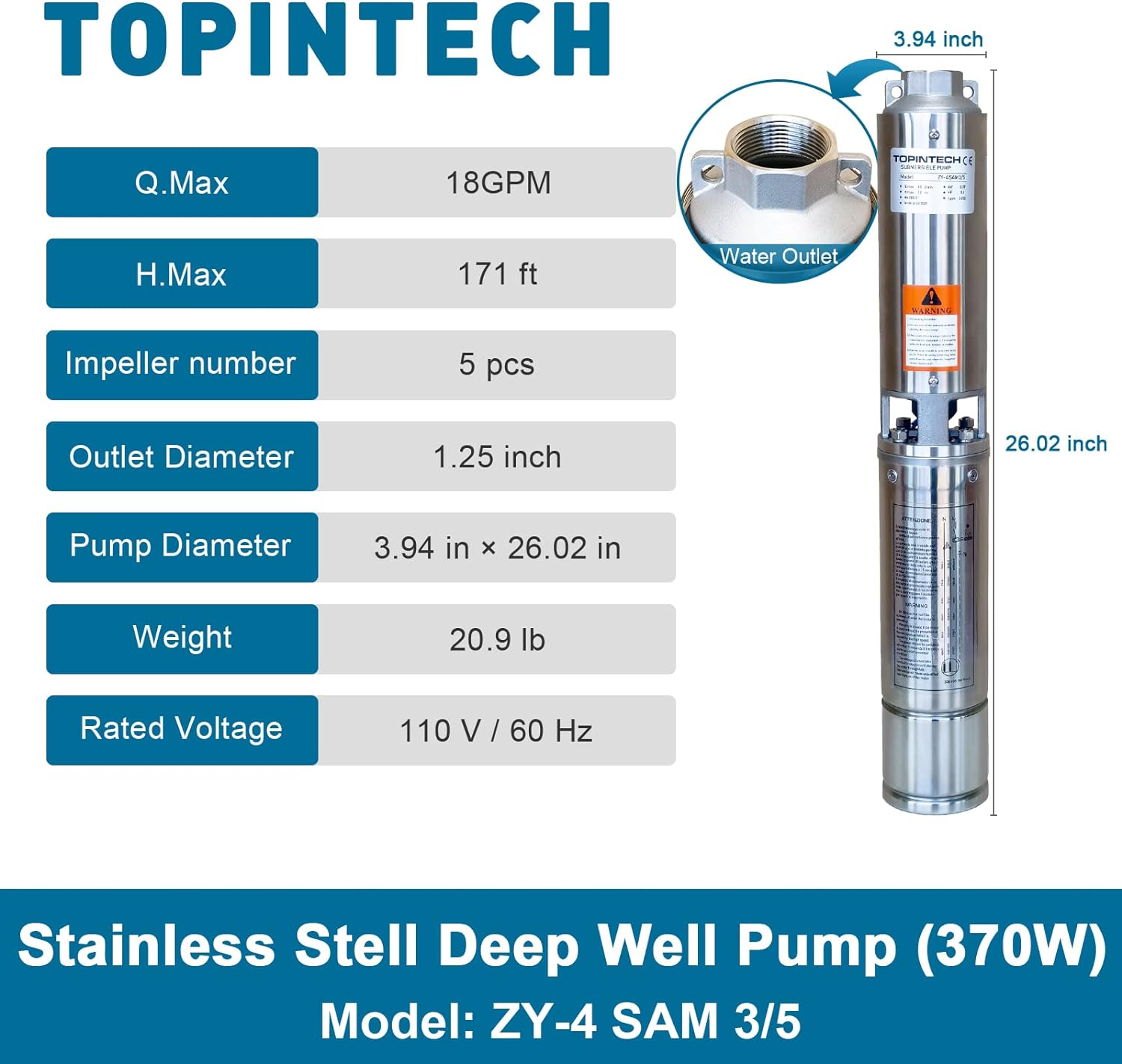 TOPINTECH Stainless Steel Well Pump 0.5HP 110V 18GPM 171ft Head Deep Well Submersible Pump for Domestic, Civil and Industrial