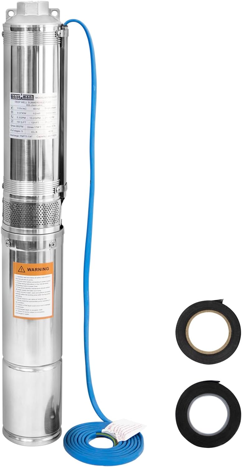 WASSERMANN 4 Deep Well Submersible Water Pump with 10FT Cable,1/2HP,115V/60Hz,28GPM,179FT Head,Stainless Steel Submersible Bore Well Water Pump for Farmland Irrigation and Factories