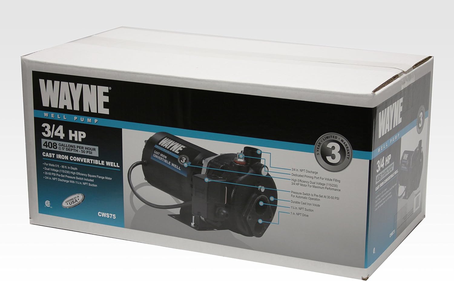 WAYNE CWS50-1/2 HP Cast Iron Convertible Jet Well Pump - Up to 408 Gallons Per Hour - Heavy Duty Jet Well Pump