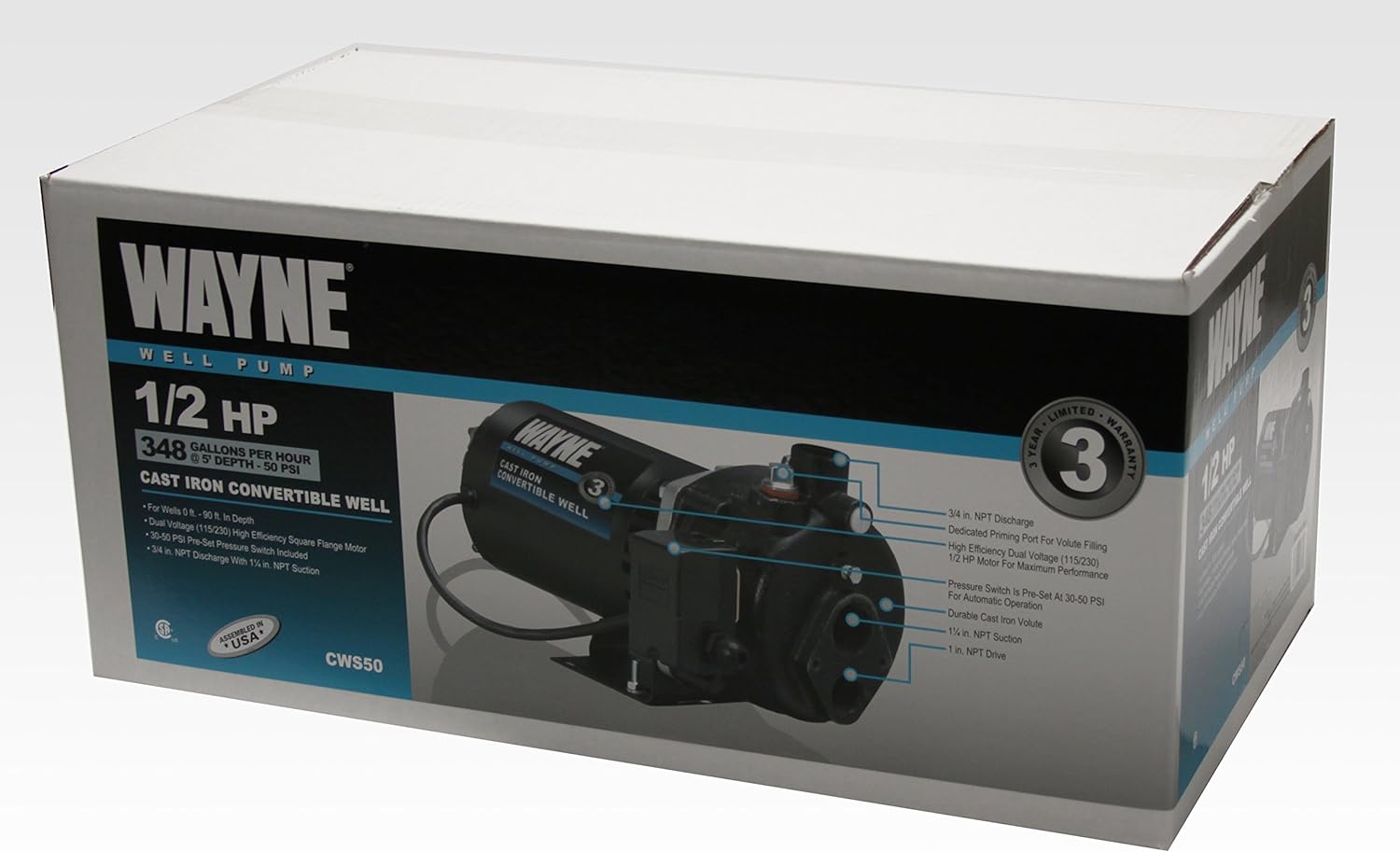 WAYNE CWS50-1/2 HP Cast Iron Convertible Jet Well Pump - Up to 408 Gallons Per Hour - Heavy Duty Jet Well Pump