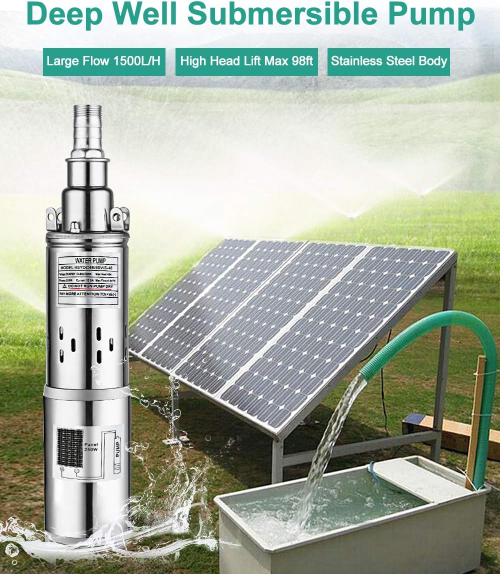 ECO-WORTHY 24V 3 inch Large Flow 250W Solar Water Pump, Max Flow 1500L/H, Max Head 98 feet, Stainless Steel Submersible Well Pump