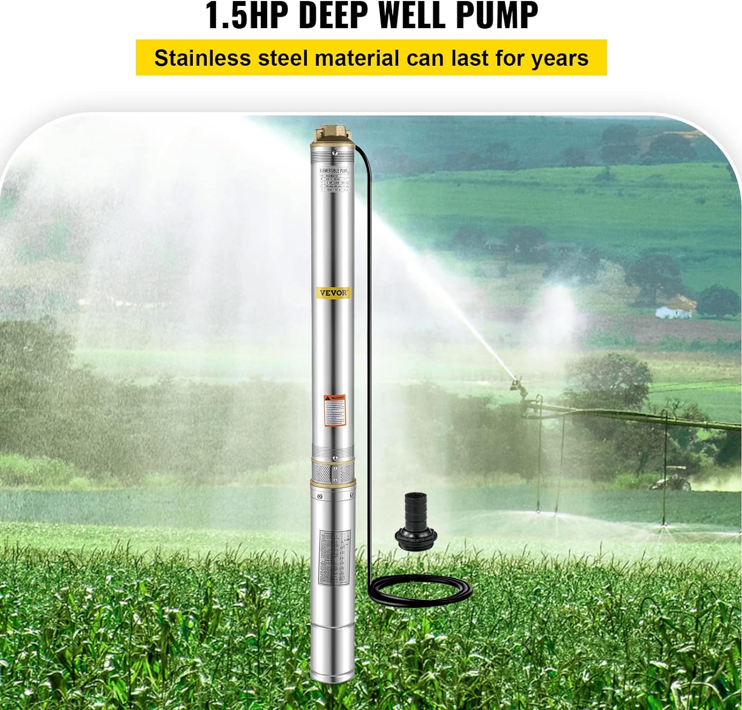 VEVOR Deep Well Submersible Pump, 1.5 hp 220V 50 Hz, Stainless Steel w/5 FT Cable Wire, 1.25 Water Outlet, 24 GPM  390 Ft Head for Farmland Irrigation and Factories