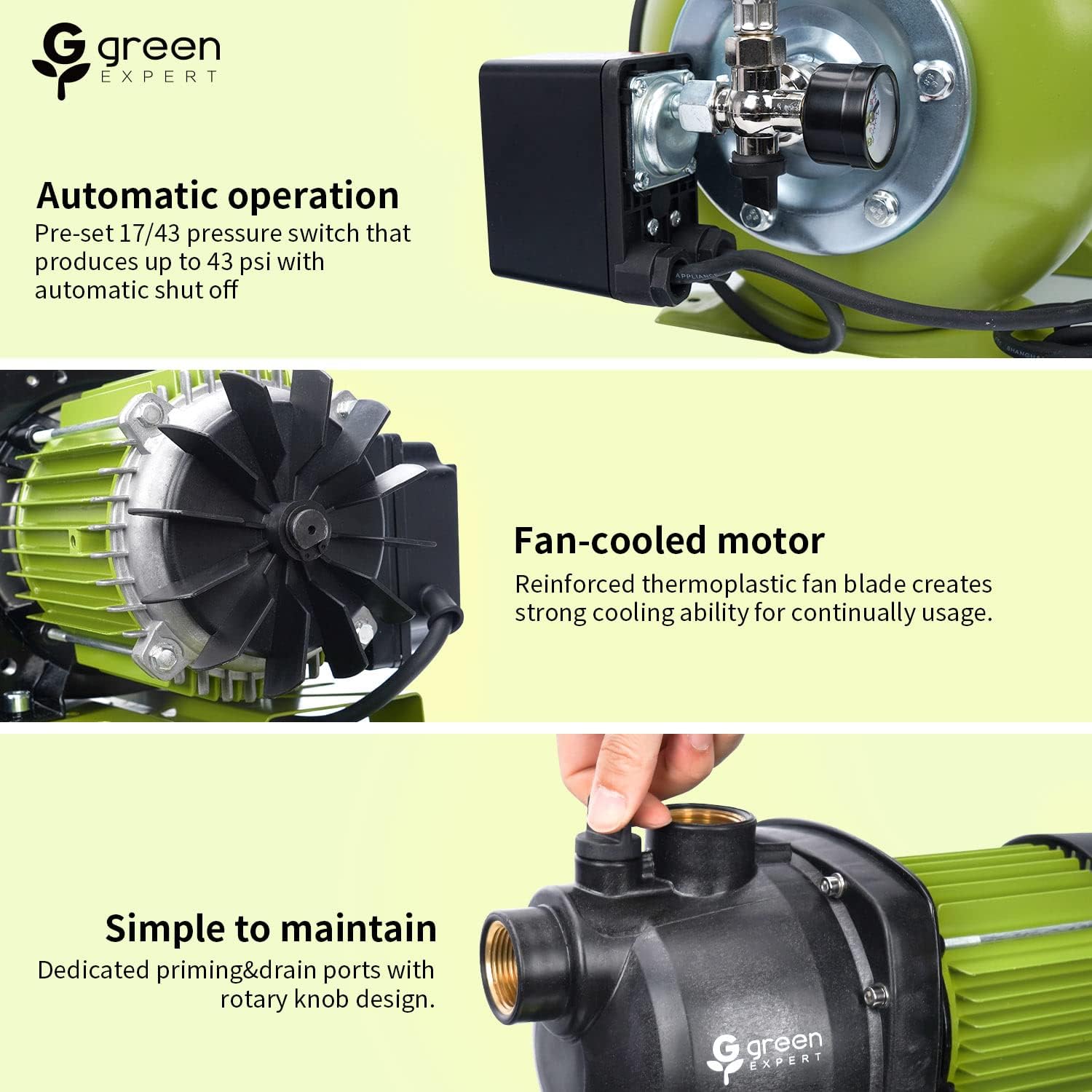 Green Expert 1HP Shallow Well Water Pump Max Head 130FT Max Flow 800GPH 5-Gal Pressure Tank Automatic Booster System 17-43 PSI Preset Switch for Household Pipe Pressurization Lawn Garden Irrigation
