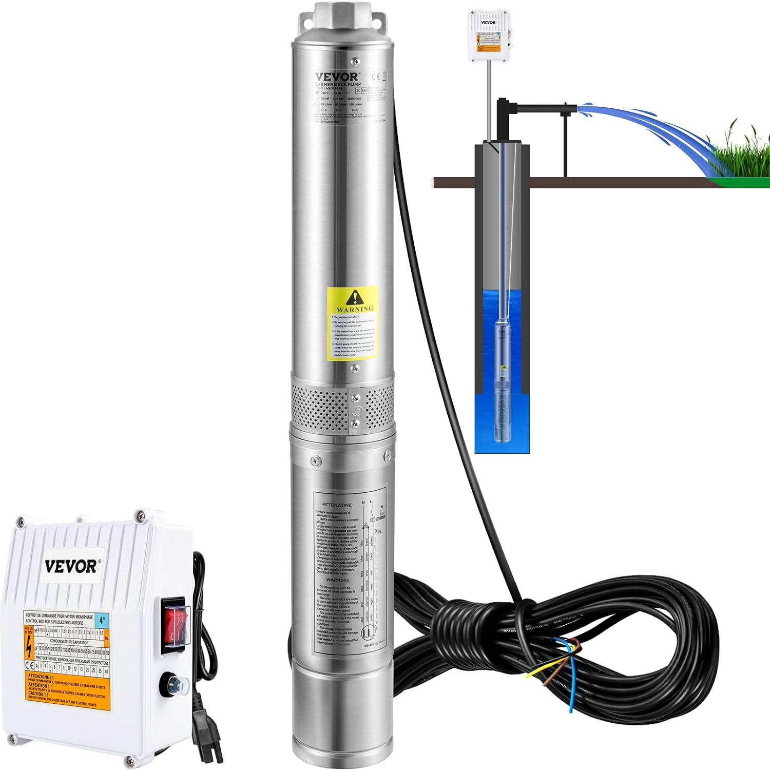 VEVOR Deep Well Submersible Pump, 3HP 230V/60Hz, 37GPM 640 ft Head, with 33 ft Cord  External Control Box, 4 inch Stainless Steel Water Pumps for Industrial, Irrigation and Home Use, IP68 Waterproof