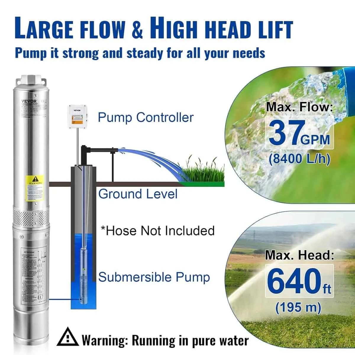 VEVOR Deep Well Submersible Pump, 3HP 230V/60Hz, 37GPM 640 ft Head, with 33 ft Cord External Control Box, 4 inch Stainless Steel Water Pumps for Industrial, Irrigation and Home Use, IP68 Waterproof VEVOR Deep Well Submersible Pump, 3HP 230V/60Hz, 37GPM 640 ft Head, with 33 ft Cord External Control Box, 4 inch Stainless Steel Water Pumps for Industrial, Irrigation and Home Use, IP68 Waterproof