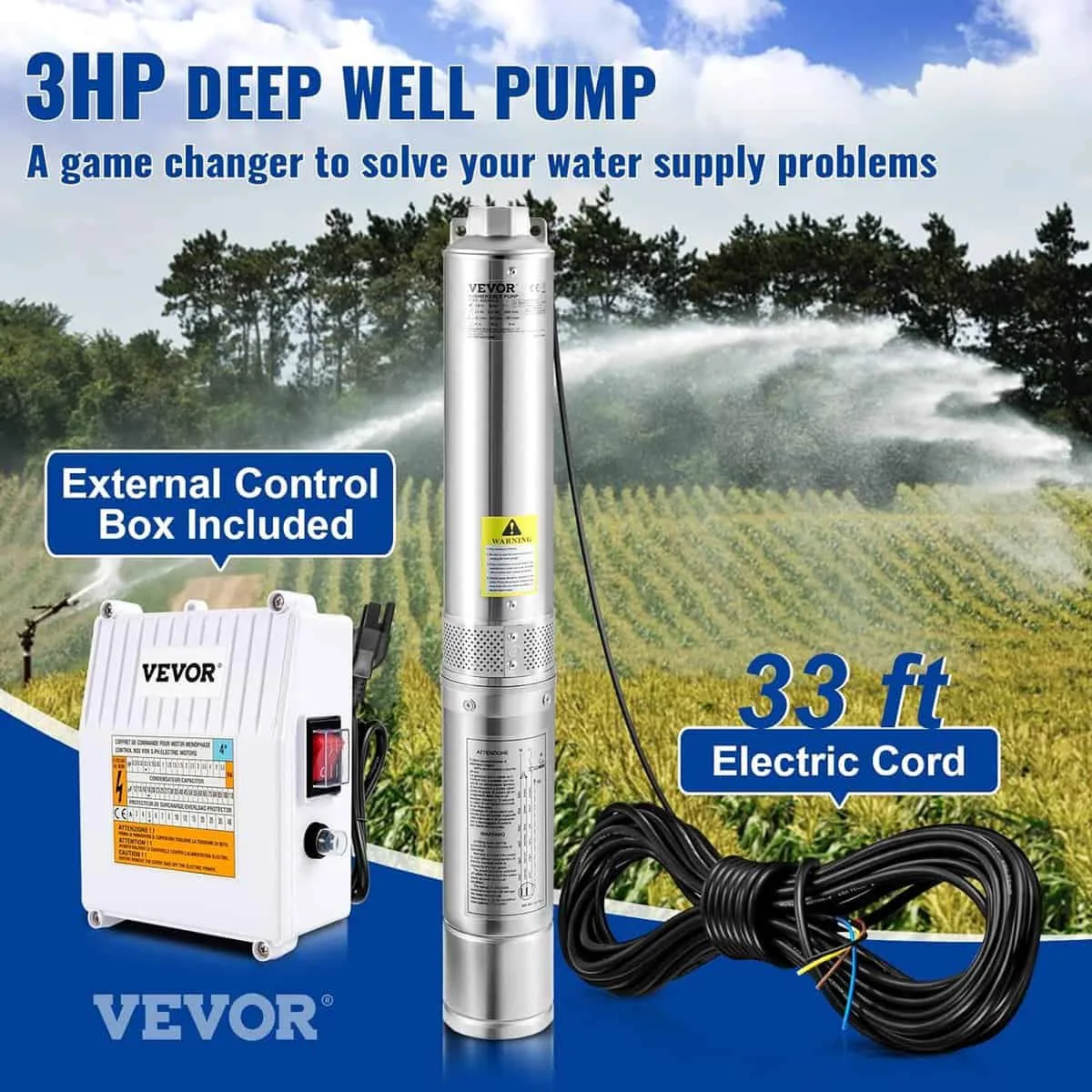 VEVOR Deep Well Submersible Pump, 3HP 230V/60Hz, 37GPM 640 ft Head, with 33 ft Cord External Control Box, 4 inch Stainless Steel Water Pumps for Industrial, Irrigation and Home Use, IP68 Waterproof VEVOR Deep Well Submersible Pump, 3HP 230V/60Hz, 37GPM 640 ft Head, with 33 ft Cord External Control Box, 4 inch Stainless Steel Water Pumps for Industrial, Irrigation and Home Use, IP68 Waterproof