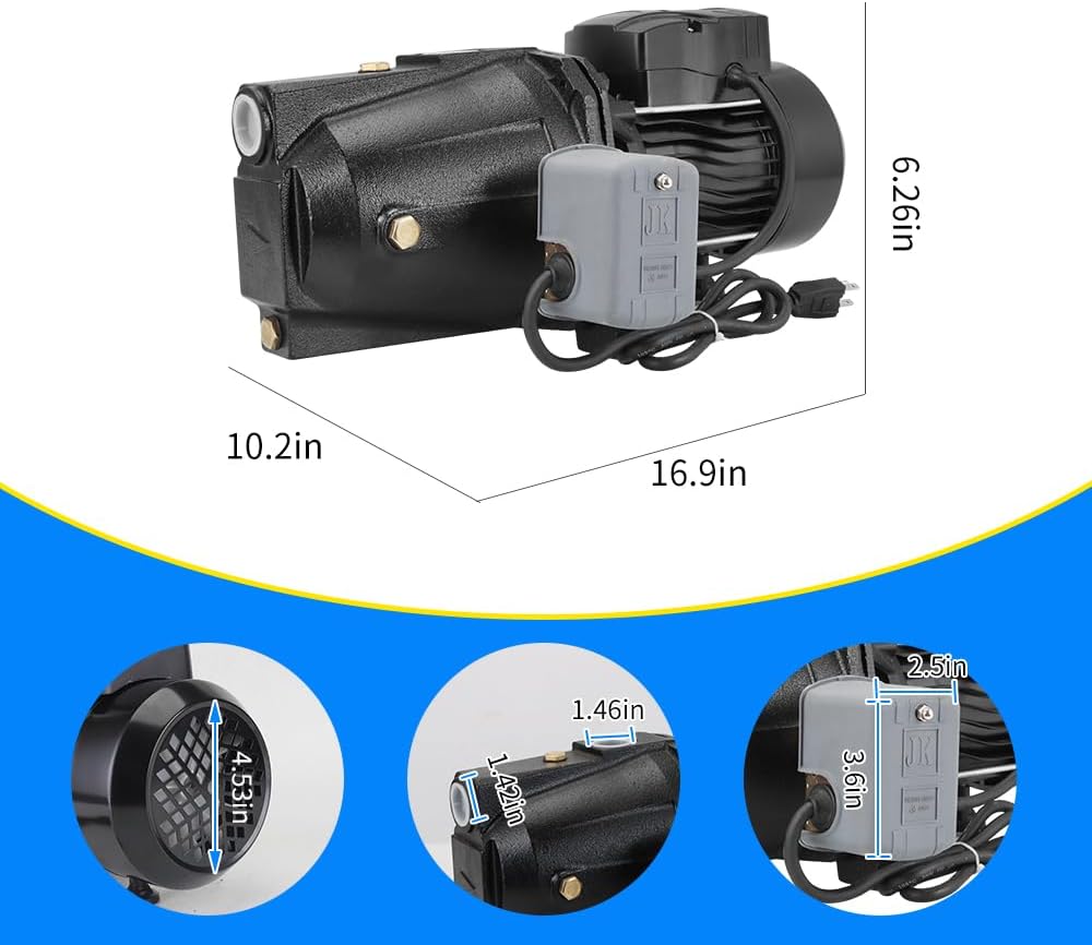 MXTSTA 1HP Cast Iron Shallow Well Pump, Portable Jet Pump, 110 V 3420r/min Max Flow 4000L/H MAX Height 216.5ft Height IP44 Water Pump with Pump Pressure Switch for Home Farm Garden Lawn I-jetpump