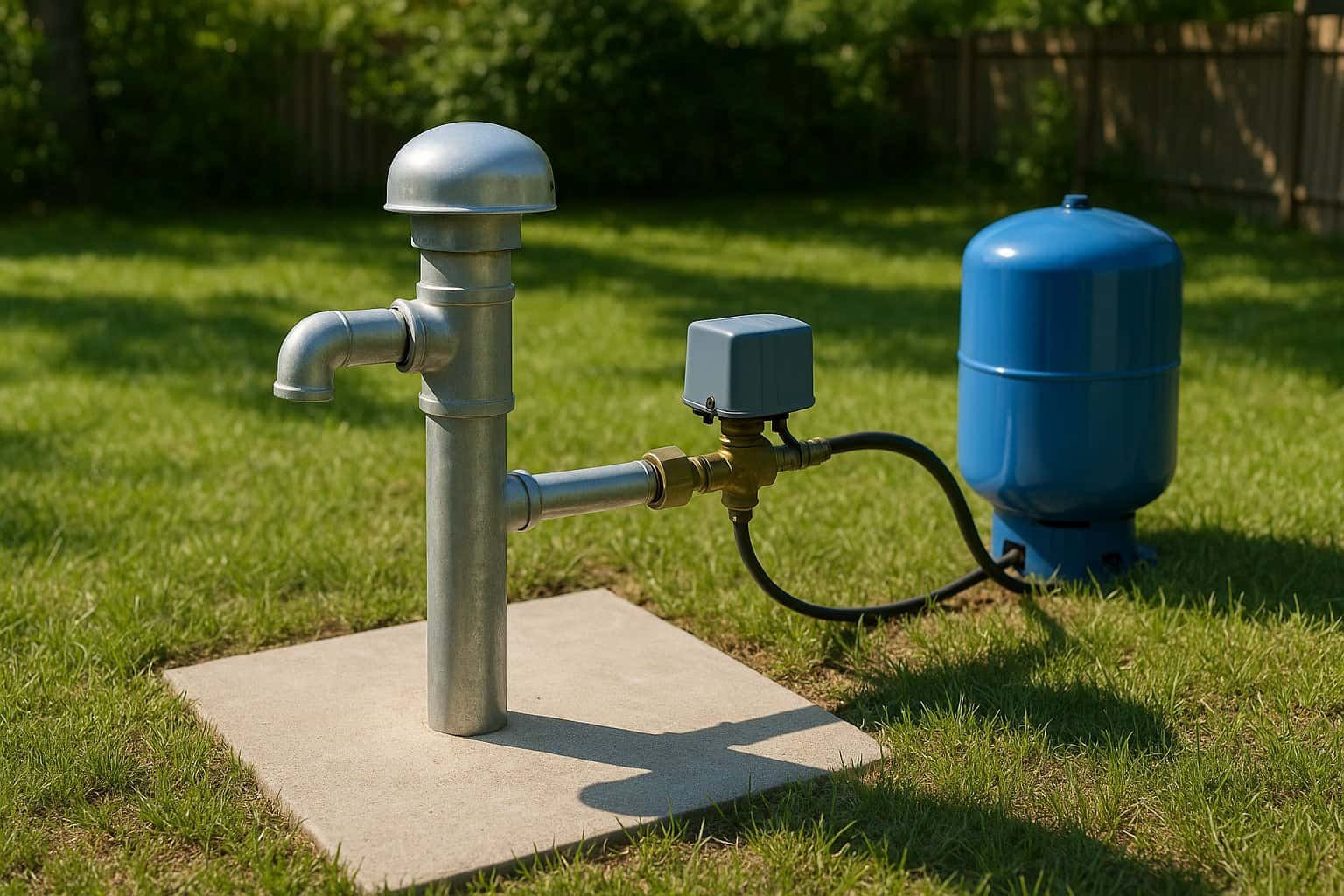 Residential water well head in backyard