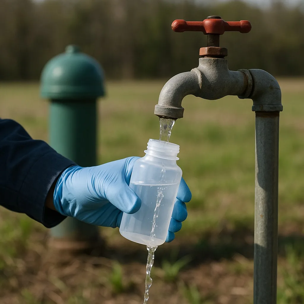 Person collecting water sample from well for testing