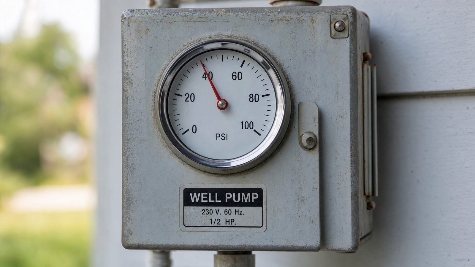 Close-up of a well pump control box with a pressure gauge showing PSI readings