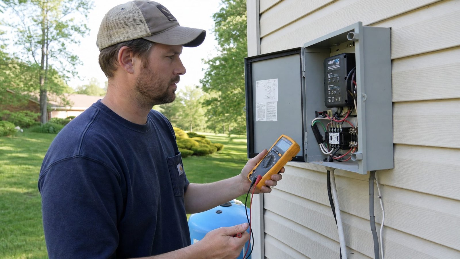 Person checking a well pump pressure switch with a multimeter