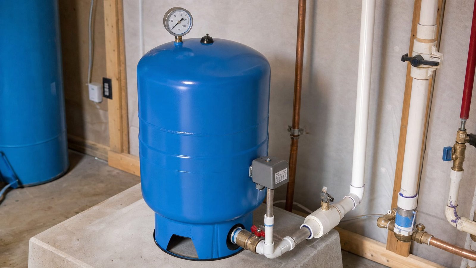 A residential well pressure tank with pressure gauge and connected pipes and valves