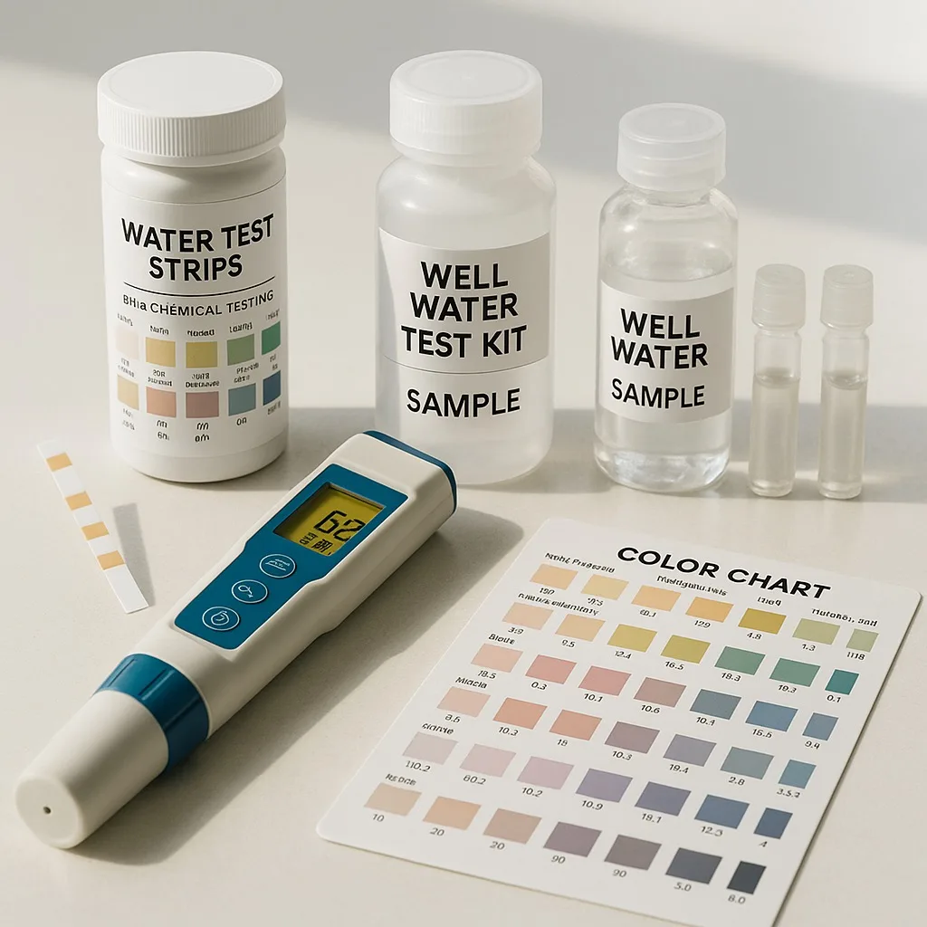 DIY well water test supplies and testing kit on table
