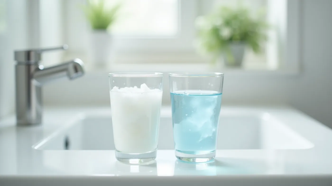 A glass of cloudy well water next to a glass of clear water on a sink