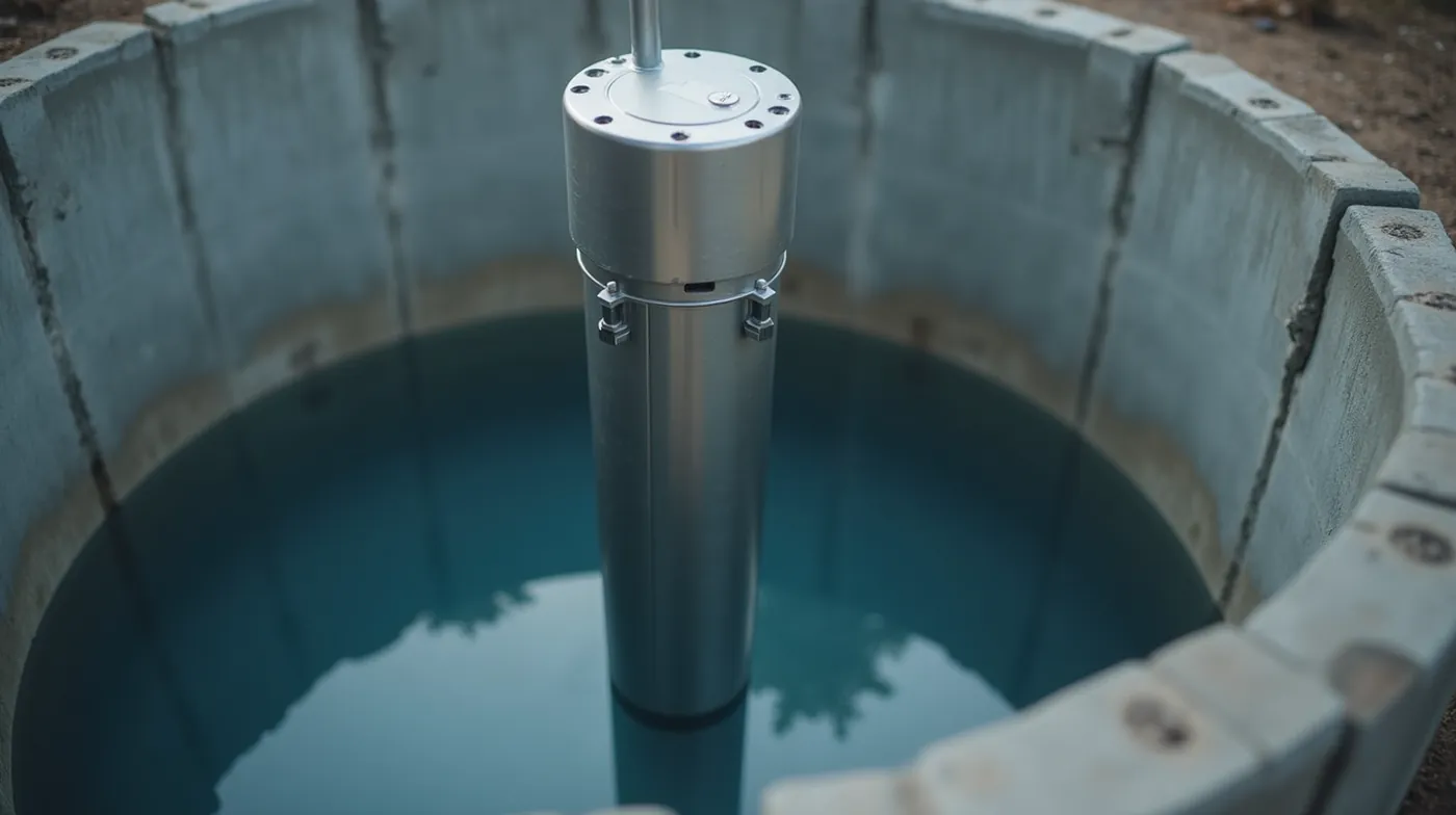 Professional editorial photograph of a stainless steel 4-inch residential submersible water well pump standing upright i