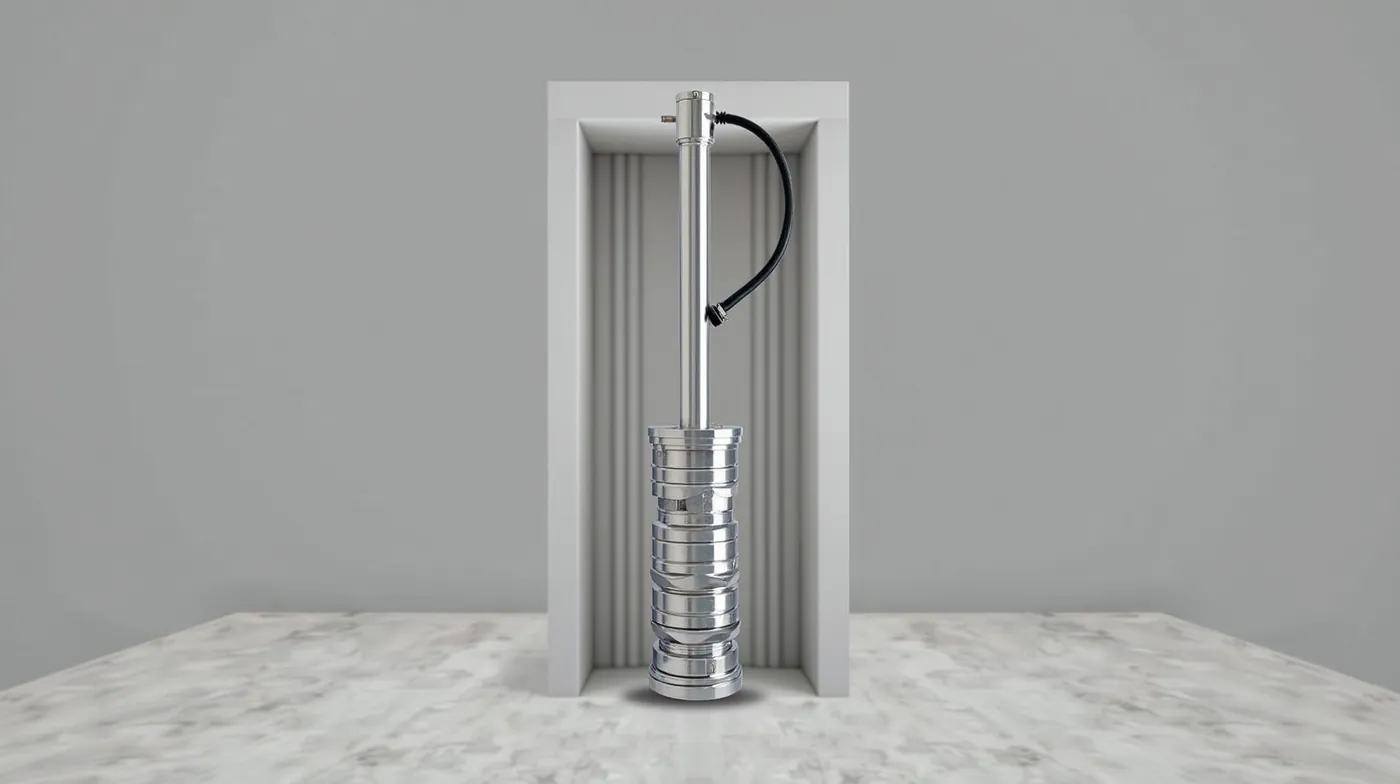 Professional product photograph of a vertical stainless steel submersible well pump with a 1