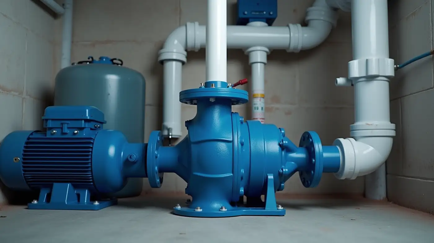 a professional editorial photograph of a cast-iron shallow well jet pump installed in a basement utility room, blue pump