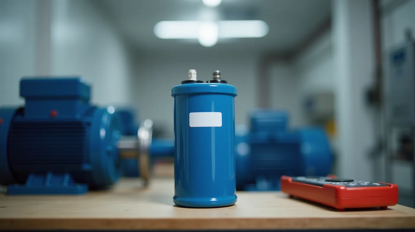 Cylindrical blue PSC run capacitor mounted on a shallow well jet pump motor in a clean mechanical room with a multimeter and capacitor tester