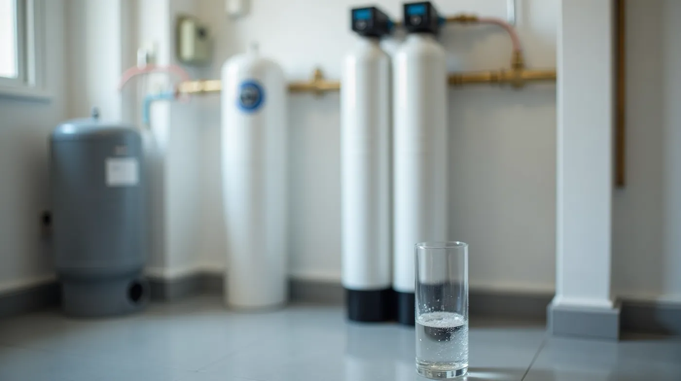 Professional editorial photograph of a twin-tank ion exchange water softener system in a clean basement well pump room