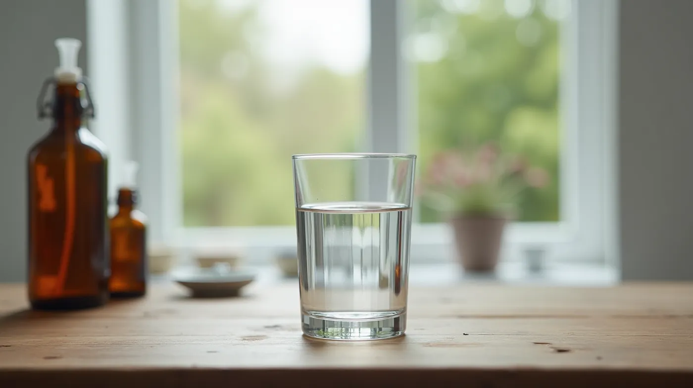 Professional editorial photograph of a clear glass of crystal-clear well water on a rustic wooden farmhouse table beside
