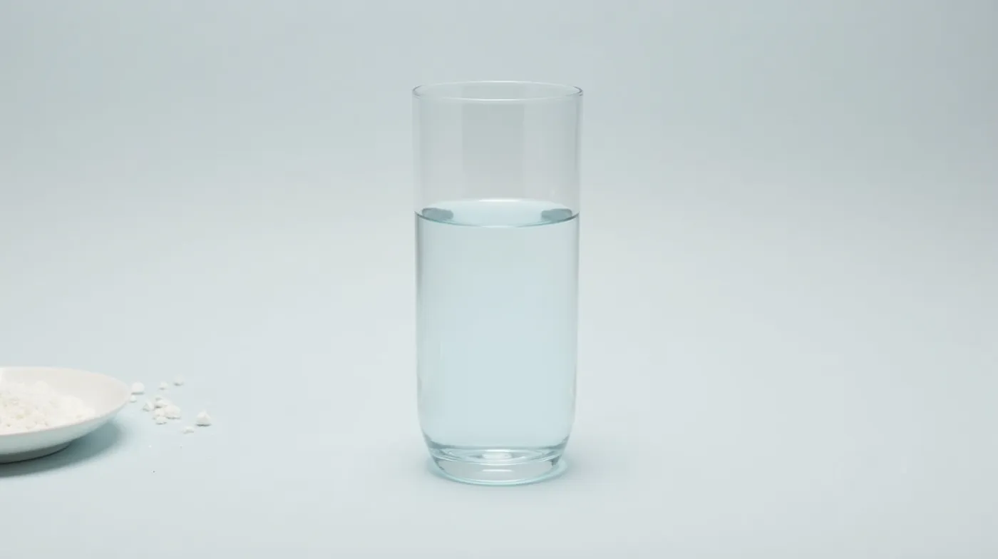 Professional editorial product photograph of a single clear glass of drinking water on a light gray surface, a small whi