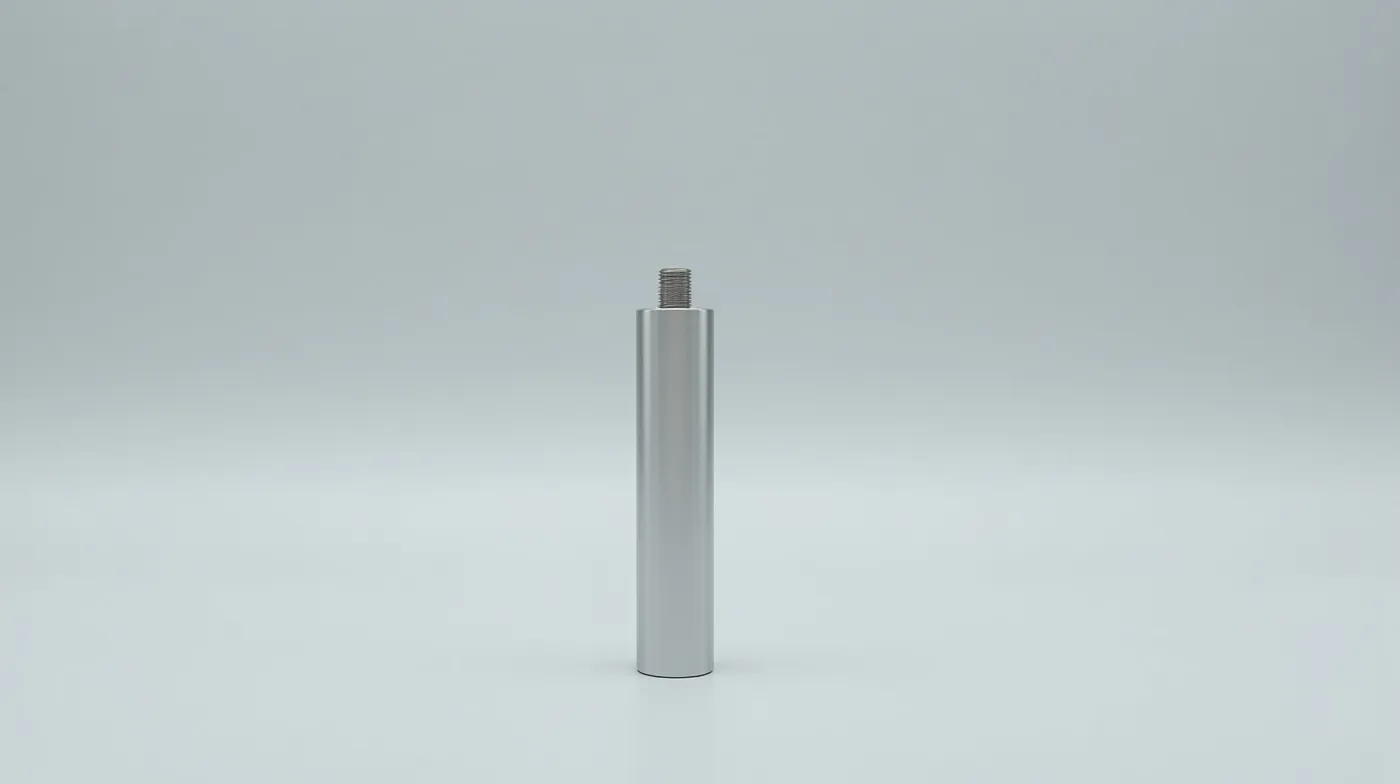 Close-up product photograph of a single cylindrical metal sacrificial anode rod standing upright on a clean light gray s