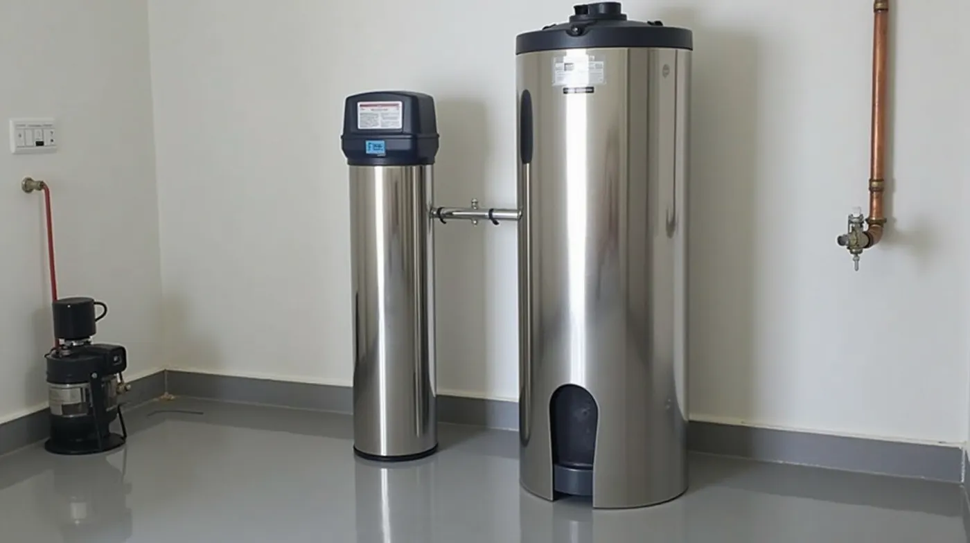 A professional editorial photograph of a stainless steel well water aerator and forced-air injection unit installed in a