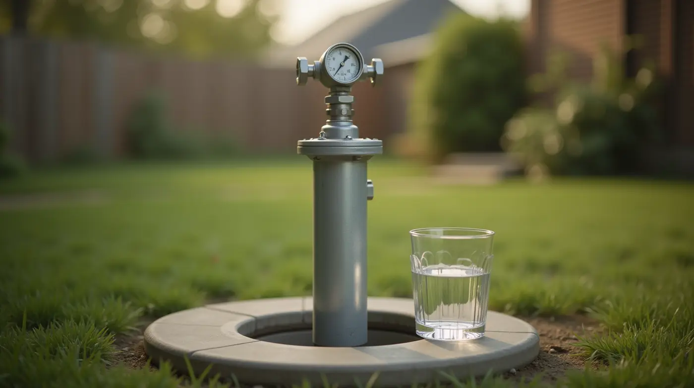 Photorealistic editorial photograph of a private water well head assembly: a vertical galvanized steel casing pipe stand
