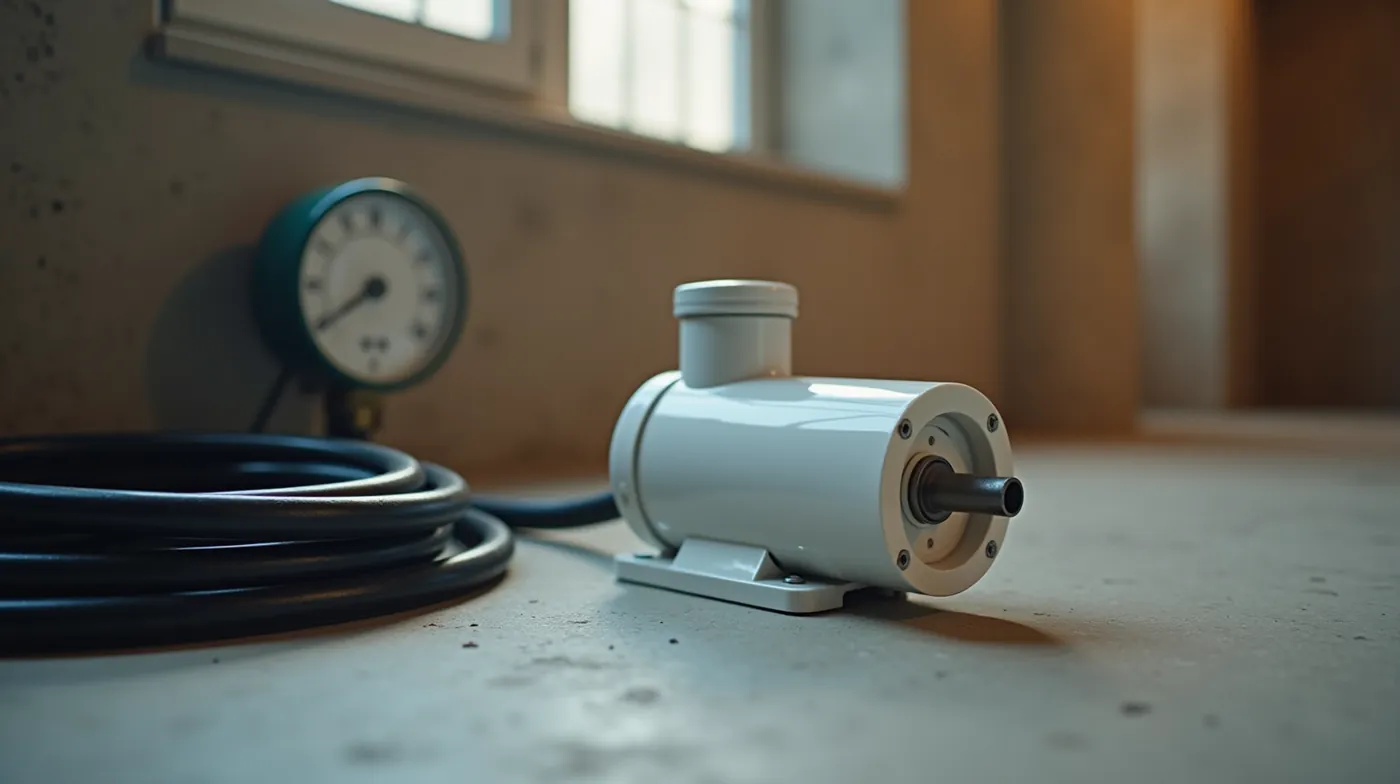 White cylindrical well submersible pump motor on a concrete basement floor with a coiled black pump cable and a round pressure gauge, soft window light