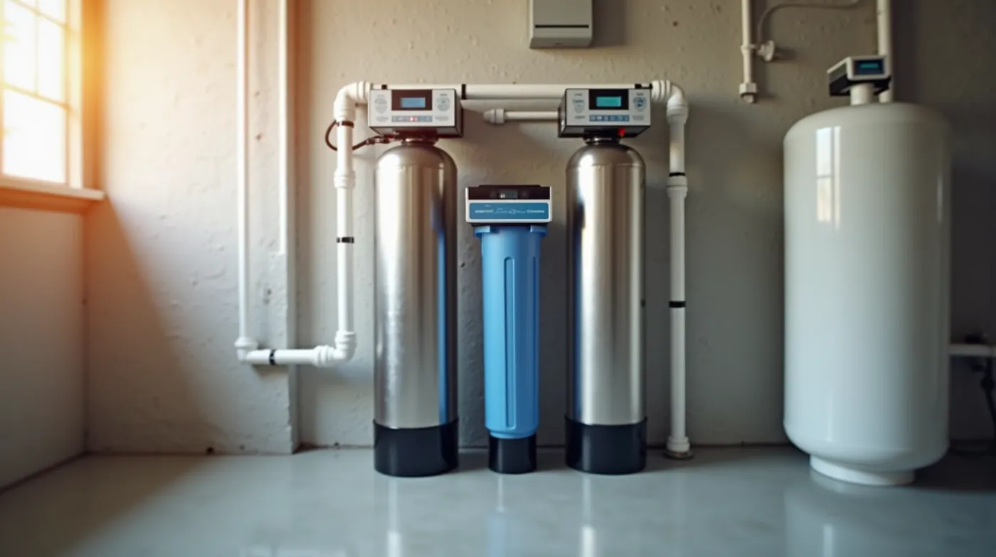 A professional editorial photograph of a modern whole house water treatment system in a clean basement utility room: two