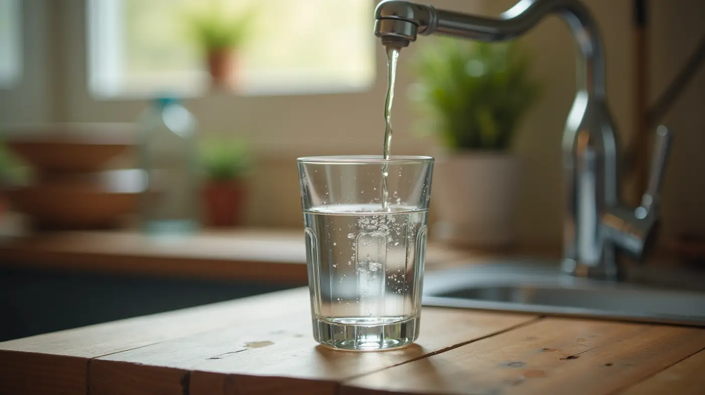 Professional editorial photograph: close-up of a crystal clear glass of well water on a rustic wooden kitchen counter, a
