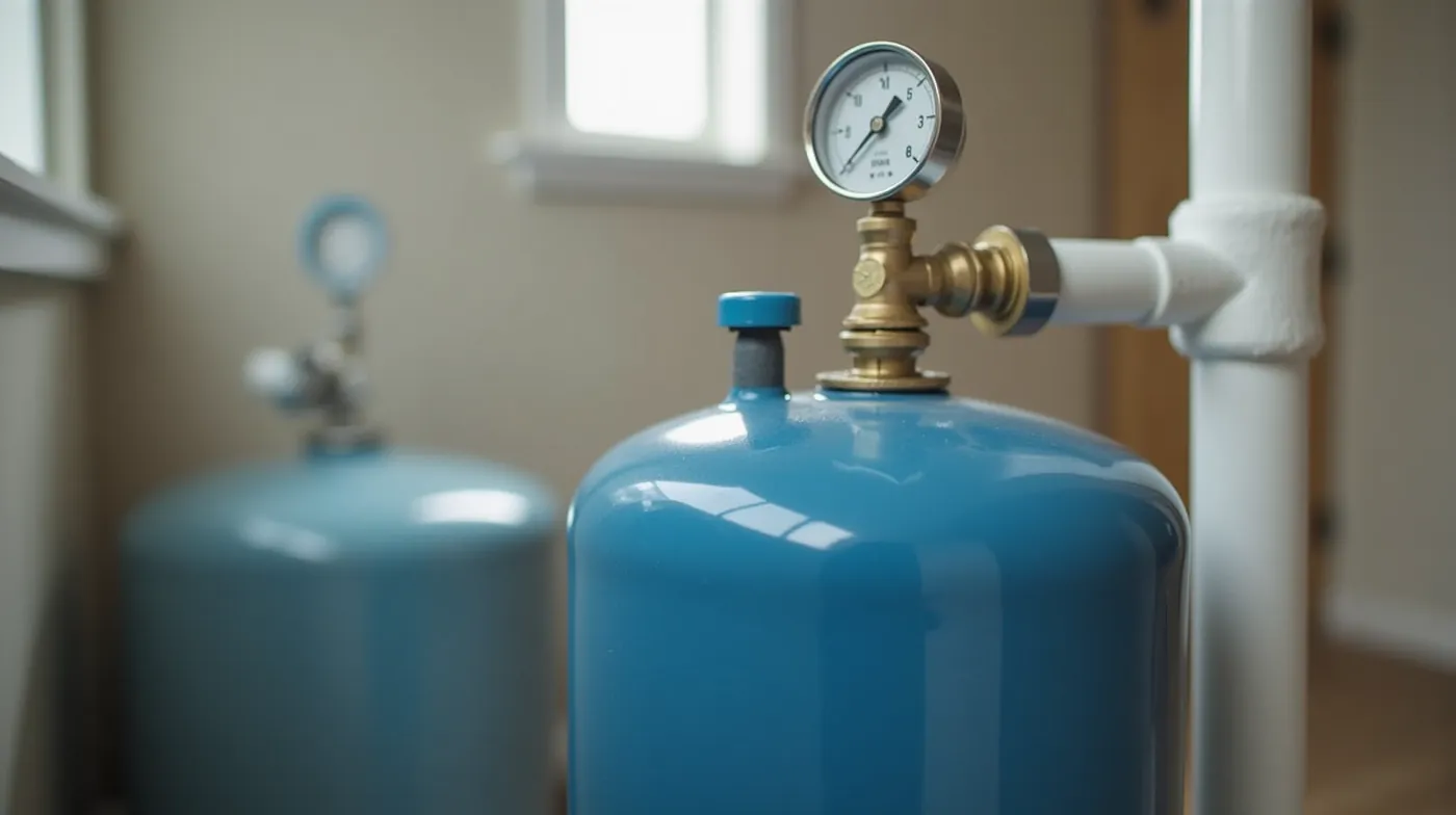 Well pressure tank with pressure gauge and hammer arrestor on pump discharge pipe in a home basement
