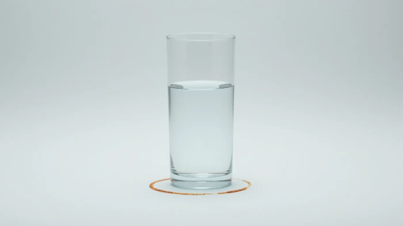 Clean studio product photograph of a single clear drinking glass of water on a light gray surface, a thin orange-brown r