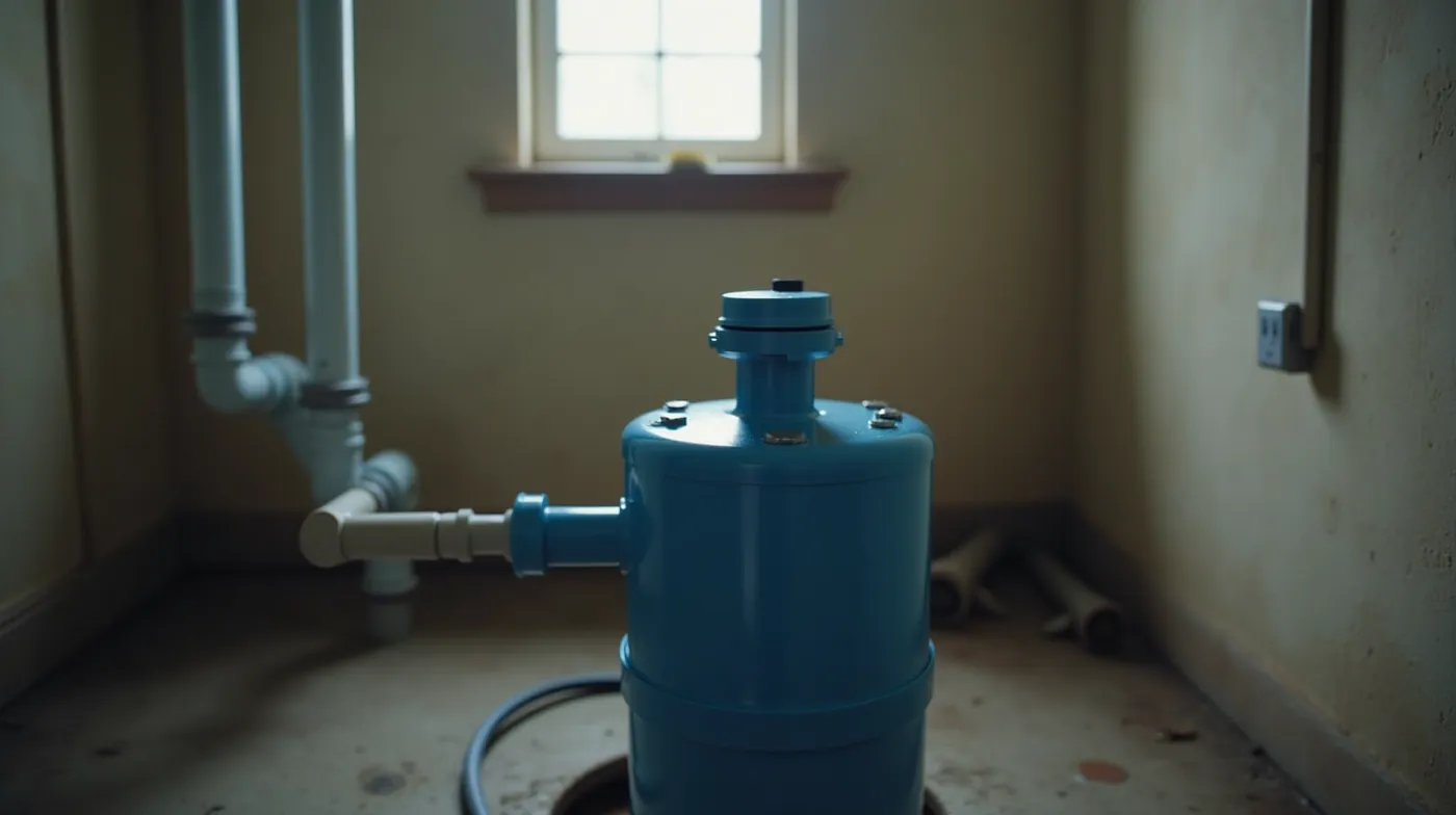 Above-ground residential well jet pump in a well house showing the primer port and pressure gauge