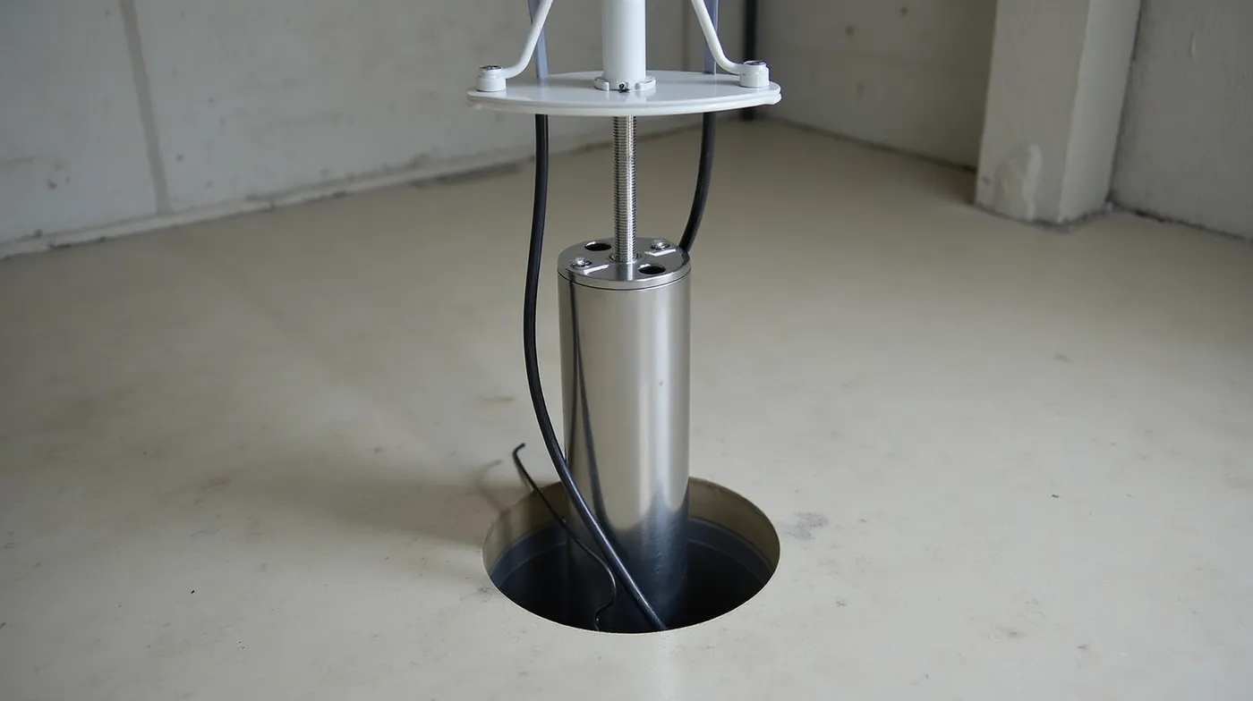 Professional editorial photograph of a 4-inch stainless steel submersible well pump suspended by a threaded pump puller 