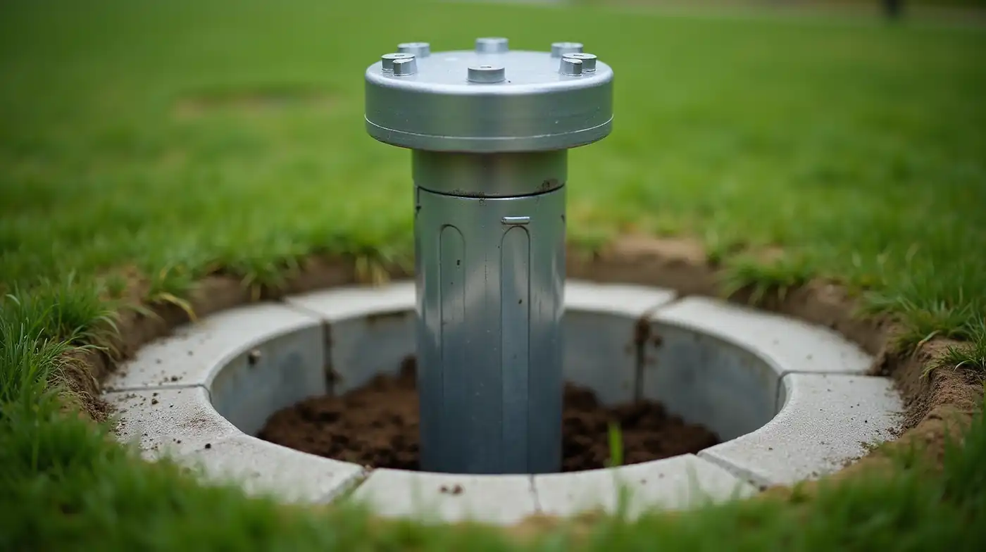 professional editorial photograph of a steel water wellhead with a round sanitary well cap installed on a rural lawn, fr