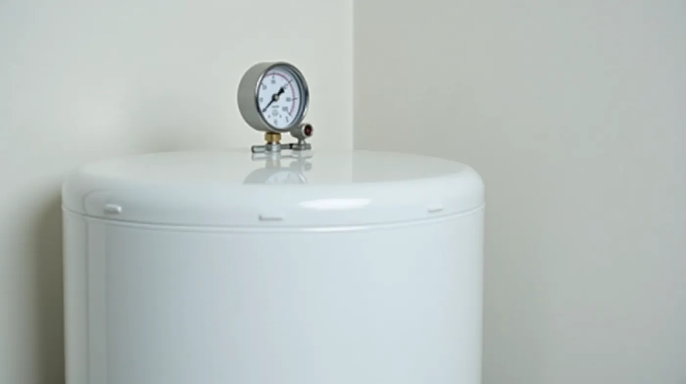 A white cylindrical well pressure tank with a round pressure gauge on top and a small pressure switch mounted on a pipe,