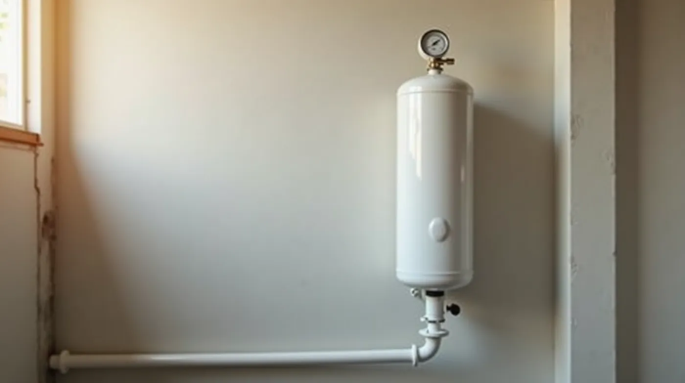 Professional editorial photograph of a single white vertical cylindrical water well pressure tank with a round pressure