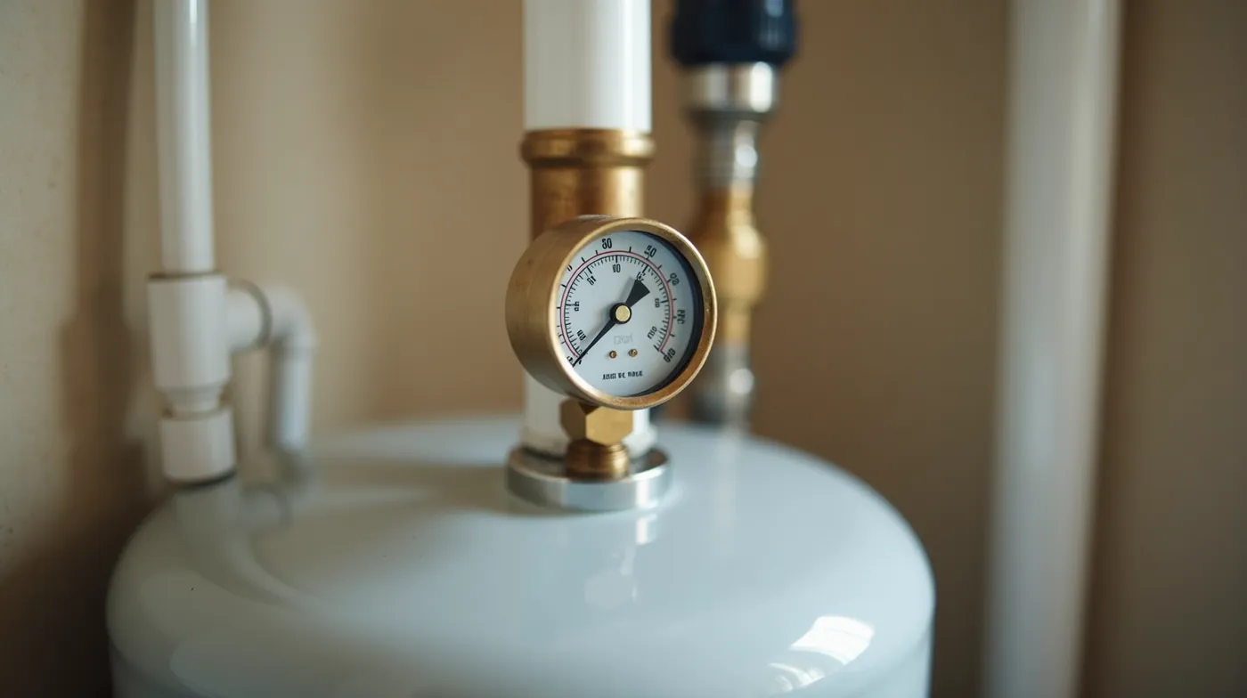 A close-up professional editorial photograph of a round analog well water pressure gauge mounted on a white vertical cyl