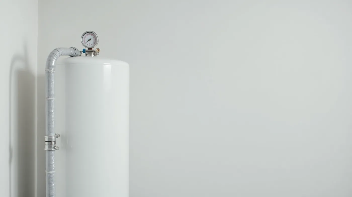 a single white vertical water pressure tank with a round pressure gauge on top, connected to a short length of pipe wrap