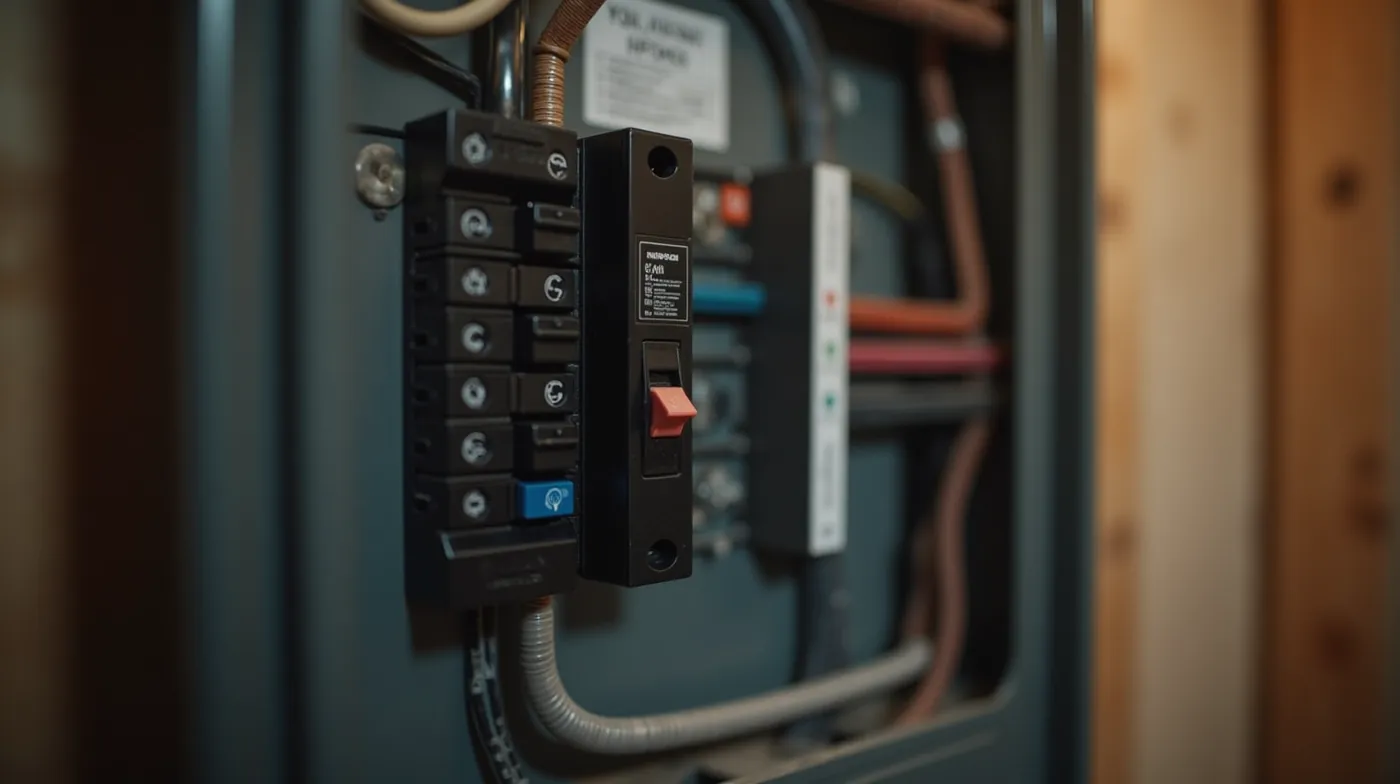 A professional editorial photograph of an open residential electrical panel with a single standard circuit breaker in th
