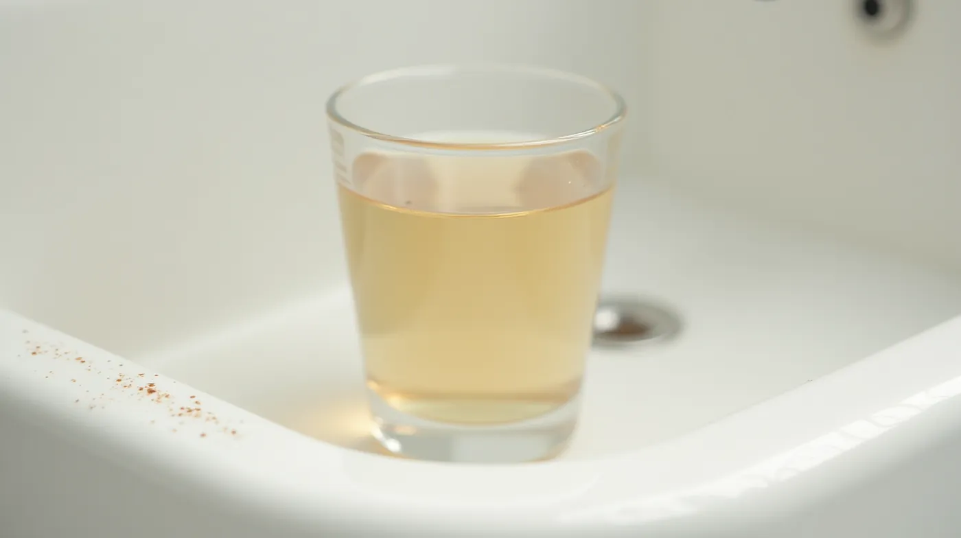 Professional editorial photograph of a clear drinking glass filled with tea-brown water on a bright white kitchen sink, 