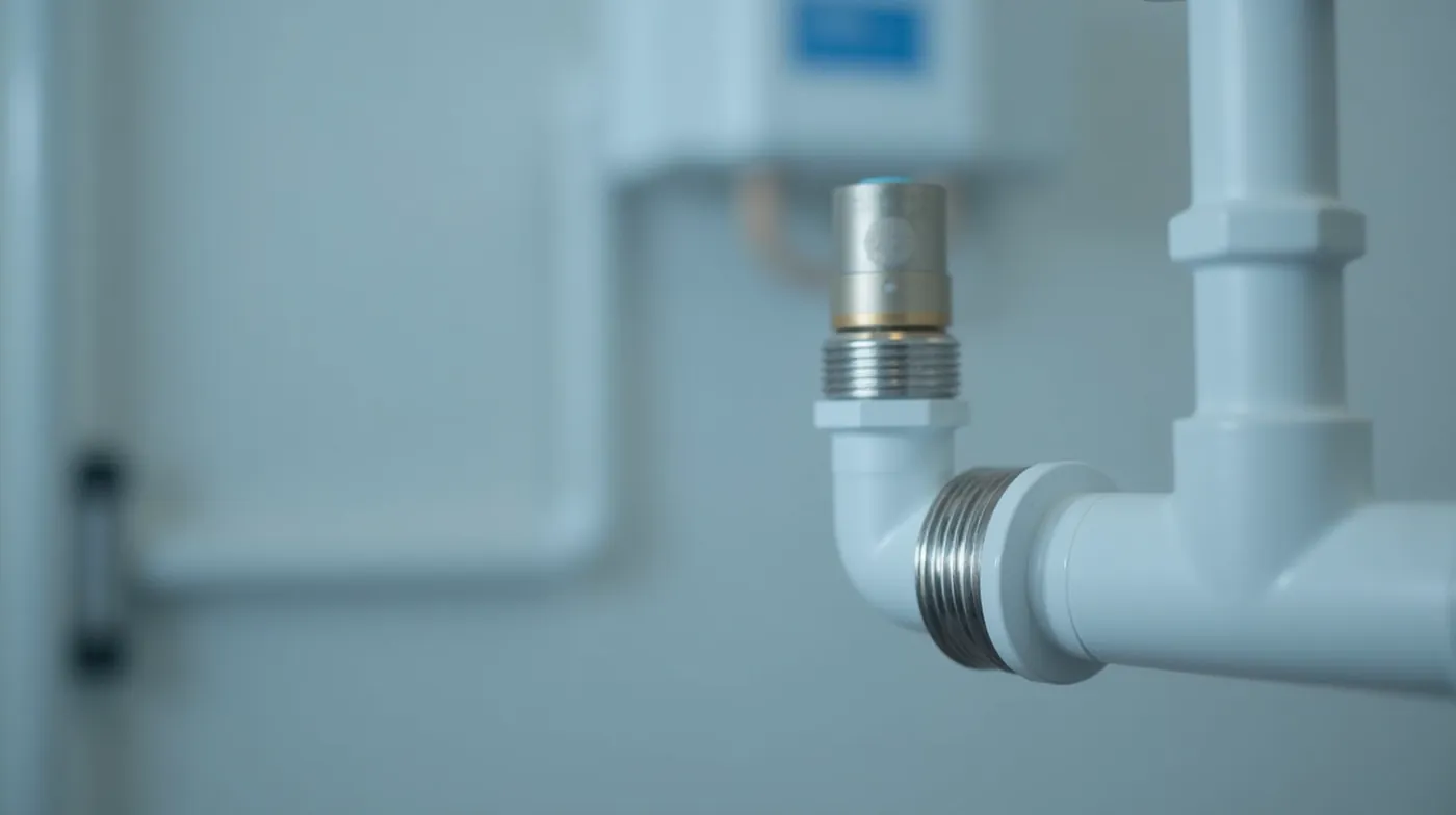 Professional editorial photograph of a small cylindrical in-line water flow switch sensor with threaded metal pipe fitti
