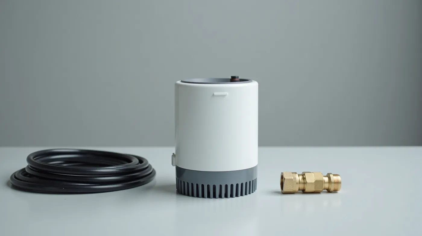 Professional editorial photograph of a white cylindrical submersible well pump resting beside a coiled length of black h